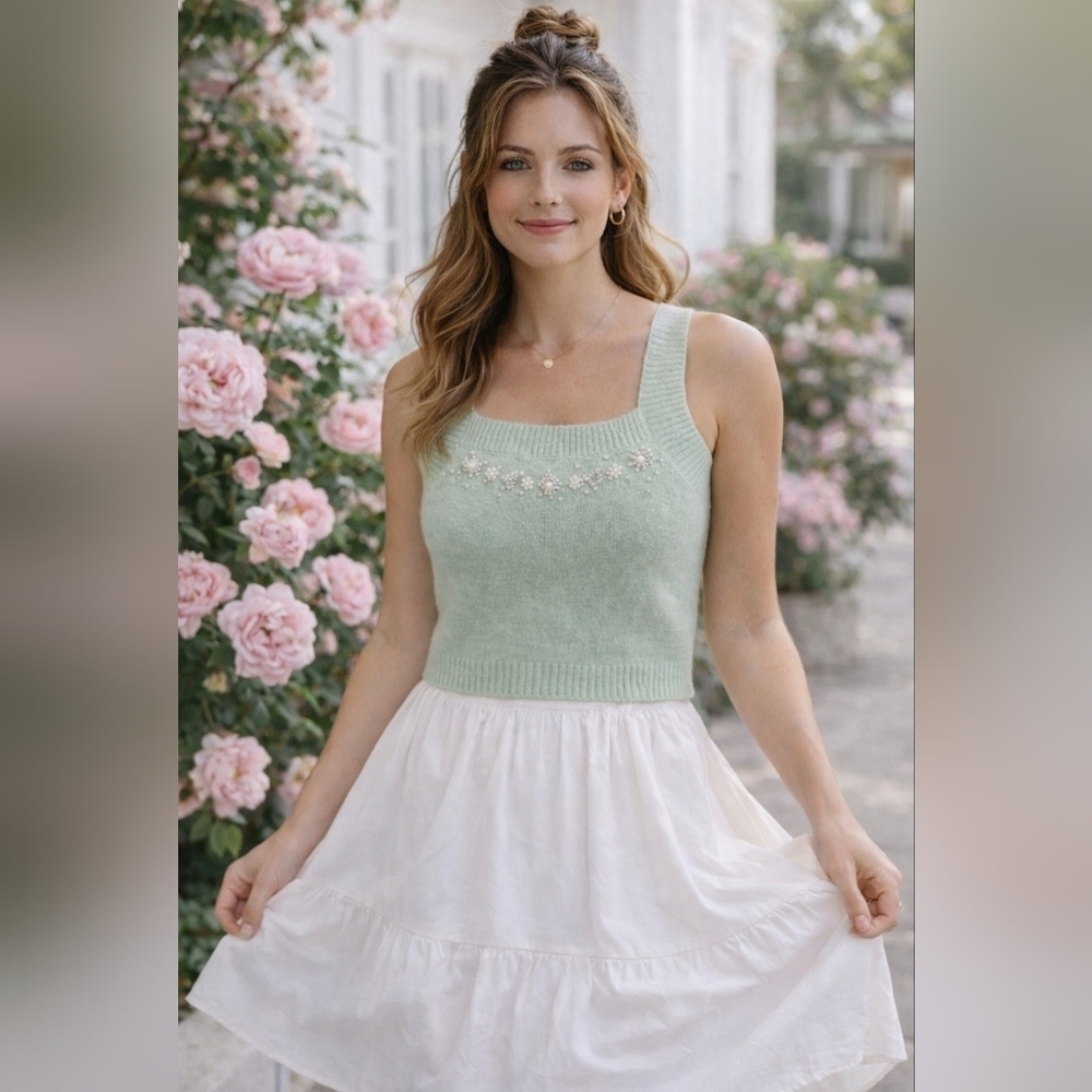 Zara Mint Green Knit Tank Faux Pearl Detail Soft Feminine Top Size XL
